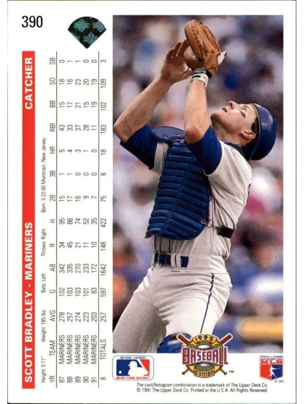 Scott Bradley 1992 Upper Deck MLB #390 Baseball Card Seattle Mariners